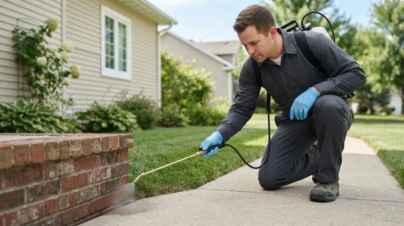 Pest control technician treating a home near Leicester, MA